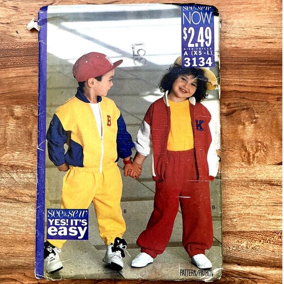 UNCUT Vintage 1990s See & Sew 3134 Sewing Pattern Size 2-6X Toddler Track Suit - Picture 1 of 2